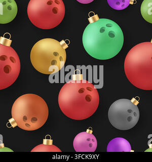Playful Seamless Pattern of Colorful Bowling Ball Christmas Ornaments on Dark Background for Festive Holidays. Stock Vector