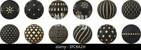 Black and Gold Ornaments Featuring Various Patterns for Elegant Holiday and Festive Season Decorations with a Modern Aesthetic.. Stock Vector