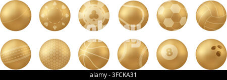 Elegant Golden Vector Set of Diverse Sport and Game Balls, Meticulously Illustrated for Premium Athletic and Casino Concepts.. Stock Vector