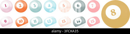 Pastel Colored Billiard Pool Balls Lined Up with Numbers 1 to 15 in a Playful Soft Vector Illustration. Stock Vector