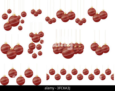 Cricket ball christmas card. Red cricket ball Christmas ornaments hanging festive decorations with seamless border isolated on white background joyful Stock Vector