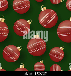 Cricket ball christmas card. Seamless pattern of red Christmas ornaments designed like cricket balls on a dark green holiday background, festive and c Stock Vector