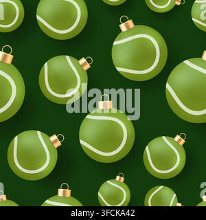Tennis christmas ball. Sporty Tennis Ball Shaped Christmas Ornaments Seamlessly Patterned on a Dark Green Background for Festive Holiday Decor.. Stock Vector