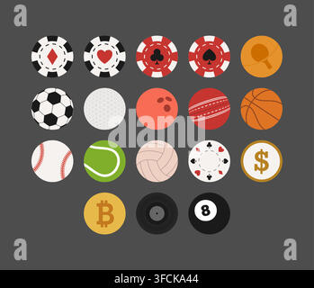 Colorful Vector Icon Set Illustrating Various Sports Balls, Gambling Chips, Financial Symbols, and Recreation Items Flat Design. Stock Vector