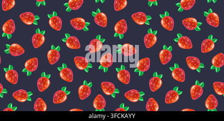Glass strawberry seamless pattern on dark blue background. Vector 3D glossy candy berry repeating texture with shiny sweet red fruits for web design, Stock Vector