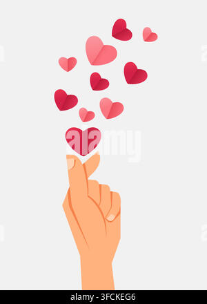 a hand snapping fingers to make a heart sign with red and pink paper hearts rising up for love and romance design Stock Vector