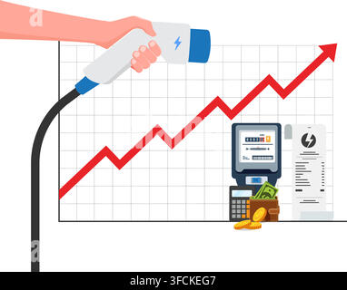 illustration showing ev charging cable handle with chart graph meter calculator money cash wallet invoice receipt Stock Vector