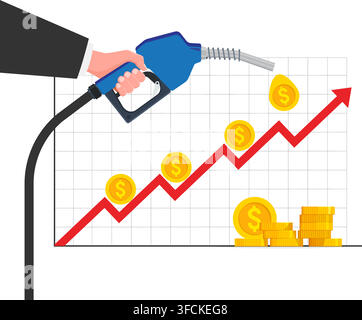 illustration of hand holding fuel nozzle with dollar coins and market growth chart showing fuel price increase trend. Stock Vector