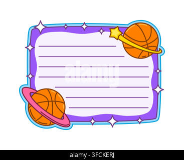 Basketball sport kids memo note with frame of balls for sport message sticker. Cartoon task plan or to do list with basketball balls as space planets Stock Vector