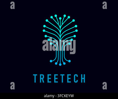 Tree tech icon with circuit board lines and rounded node endpoints. Modern blue artificial intelligence technology plant with branches and roots for s Stock Vector
