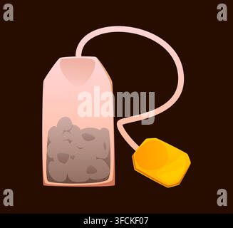 Cartoon breakfast font letter R with tea bag. Playful food typography featuring tea bag filled with dark tea leaves and bright yellow tag. Vibrant alp Stock Vector
