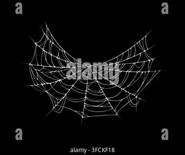 Isolated Halloween spider web and cobweb threads, spiderweb texture. Detailed white asymmetric cobweb stretched wide with tangled thread structure. Ve Stock Vector