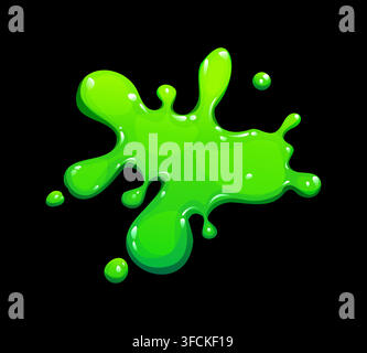 Bright green viscous ooze droplet with dynamic splatter burst. Toxic hazard spill emblem with flowing glossy trails for children book illustrations, a Stock Vector