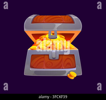 Cartoon open treasure chest filled with glowing golden coins. Wooden festive symbol of wealth and hidden treasures for casual mobile game shop UI elem Stock Vector