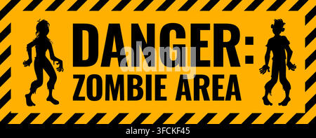 Halloween zombie area warning danger sign, caution and attention plate symbol. Yellow and black hazard design with zombie silhouettes. Vector warning Stock Vector