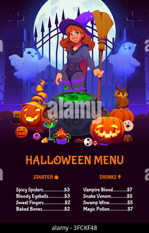 Halloween witch bar menu featuring cartoon witch with broomstick brewing magic potion in cauldron. Vector menu with pumpkins, ghosts and spooky treats Stock Vector