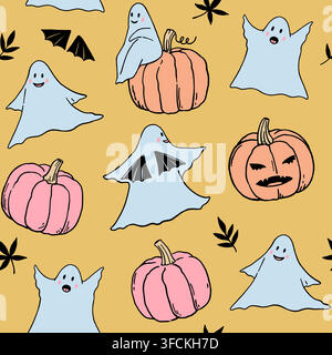 Seamless pattern with cute funny ghosts and halloween pumpkins. Hand-drawn vector illustration in vintage pastel colors Stock Vector