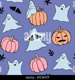 Seamless pattern with cute funny ghosts and halloween pumpkins. Hand-drawn vector illustration in vintage pastel colors Stock Vector