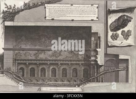 Sanctuary in decorated cave near Lake Albano, Section per lungo, ed elevazione ortografica dello stesso Delubro, Di due spelonche ornate dagli antichi alla Riva del Lago Albano, Two decorated caves near Lake Albano, print, Vertical section of a sanctuary in a decorated cave near Lake Albano. Title and explanatory letters on top of a sheet. Numbered top left: Tav. IV., printmaker: Giovanni Battista Piranesi, Rome, 1762, paper, etching, height 415 mm x width 615 mm, cave, grotto, Lake Albano (Lazio)., A detailed monochrome architectural engraving shows a cross section of a classical stone Stock Photo