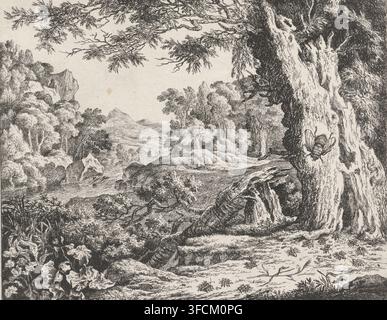 Landscape with ants and bees, print, View of a landscape with a river. In the foreground, a large bee sits on the trunk of a tree; to the left of this is the stump of a fallen tree. Countless ants are crawling across the ground., printmaker: Johan le Ducq, 1639 - 1677, paper, etching, height 191 mm x width 240 mm, insects: bee, landscapes - HH - ideal landscapes, insects: ant., A detailed black and white ink landscape showing a large gnarled tree trunk on the right with textured bark and a large insect clinging to it, dense foliage and leafy branches arching across the top, clusters of trees Stock Photo