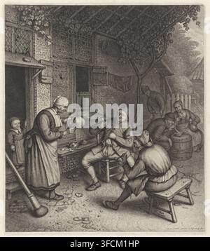 Farmers on the terrace in front of an inn, print, Two farmers are sitting in front of an inn, each with a pipe in their hand. A woman is pouring a full glass. A child is in the doorway. On the right, a standing man and a man and a woman by a barrel., printmaker: Jonas Suyderhoef, Haarlem, after painting by Adriaen van Ostade, c. 1623 - 1686, paper, engraving, height 410 mm x width 358 mm, inn, coffee-house, public house, child, pipe, tobacco, shrubs: broom., A crowded outdoor scene shows a group of people gathered under a vine-covered porch attached to a building with leaded windows; a woman Stock Photo