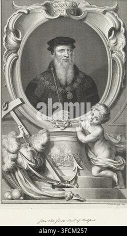 Portrait of John Russell, Earl of Bedford, print, name: 'John the first Earl of Bedford', printmaker: Jacob Houbraken, 1737 - 1739, paper, etching, engraving, pen, engraving and pen, proof, height 377 mm x width 240 mm, Person, John Russell (1st Earl of Bedford)., An engraved portrait shows a bearded man wearing a cap and a dark robe with an ornate decorative collar and a circular pendant, holding a long staff; he is set inside an elaborate oval frame topped with a small crown and surrounded by scrolling carved ornament. Below the frame a cherubic child draped in flowing cloth leans against Stock Photo