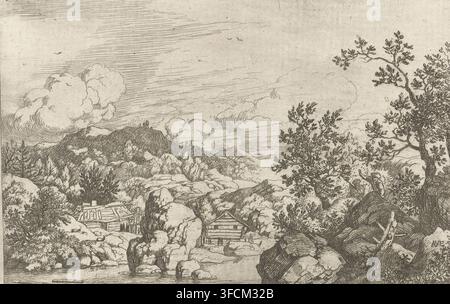 Landscape with rock in a river, print, Mountain landscape with a river surrounding a large rock and some wooden houses on the bank. Two figures between the trees and rocks in the foreground., printmaker: Allaert van Everdingen, Netherlands, 1631 - 1675, paper, etching, height 92 mm x width 141 mm, river (+ landscape with figures, staffage)., A detailed monochrome landscape etching showing rocky terrain with boulders and crags in the foreground, clusters of leafy trees and shrubs scattered among the rocks, and a pair of small rustic wooden huts partly nestled into the rock formations. A stream Stock Photo