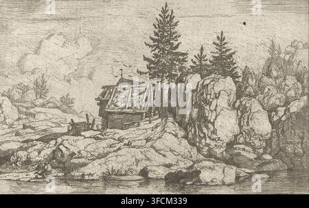Two pine trees next to a few houses, Landscape with four fir trees near a hut, print, Rocky landscape with four fir trees next to a wooden hut with a thatched roof. On the bank in the foreground three people and a rowboat., printmaker: Allaert van Everdingen, Netherlands, 1631 - 1675, paper, etching, height 94 mm x width 142 mm, farm or solitary house in landscape., A detailed monochrome etching shows a rocky shoreline with large boulders and ledges rising from the water, a small wooden shelter built against the rocks with a slanted roof covered in textured material, several tall conifer trees Stock Photo