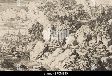 Landscape with two horsemen on a rocky path, print, Mountain landscape with a city on a fast-flowing river. On the mountain path two people on horseback, a walker and a seated figure., printmaker: Allaert van Everdingen, Netherlands, 1631 - 1675, paper, etching, height 98 mm x width 147 mm, mountains (+ landscape with figures, staffage)., A detailed pen-and-ink landscape shows large rocky cliffs and boulders in the foreground with textured lines indicating cracks and crevices, and a winding path that runs between the rocks. Trees with dense, finely drawn foliage occupy the midground and extend Stock Photo