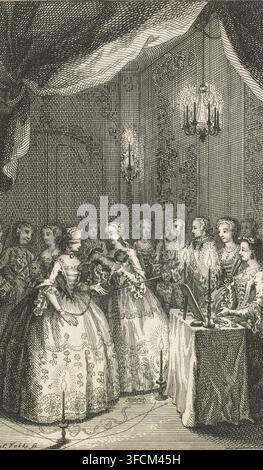 Company with dog in a room, print, book illustration, A woman holds a small dog in front of the face of a blindfolded woman whose wrists are chained. Surrounding her stands a company, partially armed with swords; on the right, a woman with a fan sits behind a table. Print marked in the upper right: Pl. VII., printmaker: Simon Fokke, Amsterdam, 1722 - 1784, paper, etching, engraving, height 139 mm x width 86 mm, dog, prisoner with hands bound, blindfold - AA - female human figure., An indoor scene rendered in fine black-and-white lines shows a group of people gathered beneath draped fabric and Stock Photo