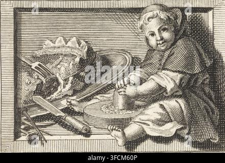 Putto in the clothing of a clergyman grinding flour, print, A putto, dressed as a clergyman, grinds flour on a stone. Next to it, a half-eaten pie., Netherlands, printmaker: Bernard Picart, 1683 - 1783, paper, etching, engraving, etching and engraving, height 50 mm x width 71 mm, bread, cake, pastry, organization, functionaries and dignitaries in churches and in related institutions, grinding, milling (industrial processes)., A detailed black and white engraved scene shows a seated child facing forward with a softly rounded face, short wavy hair, and a slight smile, wearing a cloak and rolled Stock Photo