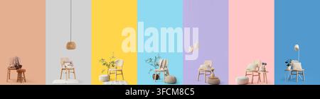 Interior design and home decor inspiration modern furniture collection with chairs stools and lighting on colorful backgrounds Stock Photo