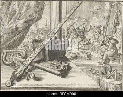 The French Sword, the Key, and the Bonnet of Liège, 1701, Aesop in Europe, print, title page, Table on which lie a French sword, a key, and a Jesuit cap. On the right, a mousetrap. The French sword consists of Louis d'or, which refers to the French struggle through bribery., printmaker: Romeyn de Hooghe, Netherlands, after design by Romeyn de Hooghe, Romeyn de Hooghe, printmaker, paper, etching, engraving, etching and engraving, height 102 mm x width 133 mm, height 67 mm x width 125 mm, mouse trap, War of Spanish Succession, Period., A detailed black and white engraving shows a still life of c Stock Photo