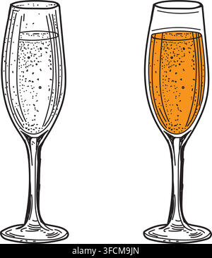 Stylized illustration of two champagne flutes with sparkling drinks, one clear white and one golden‑orange, symbolizing celebration and elegance. Stock Vector