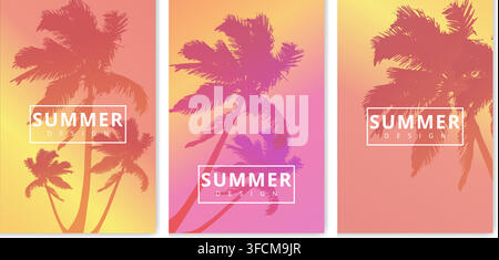 Three colorful summer poster designs with palm tree silhouettes and vibrant gradient backgrounds Stock Vector