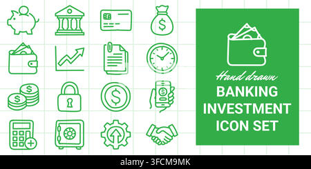 Hand‑drawn banking and investment icon set with piggy bank, bank building, credit card, wallet, coins, safe, handshake, and rising graph in green line. Stock Vector