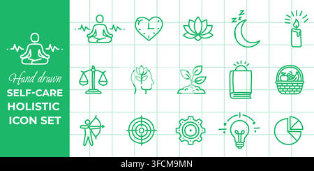 Hand‑drawn self‑care holistic icon set with meditation, heart, sleep, candle, flower, plant, lantern, balance scales, light bulb, and gear symbols Stock Vector