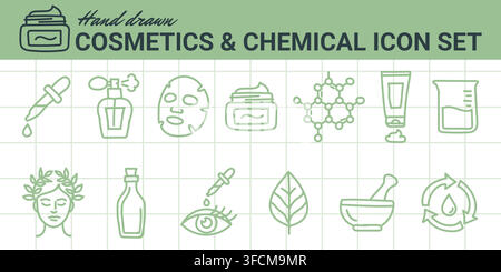 Hand‑drawn cosmetics and chemical icon set with dropper, perfume, facial mask, cream jar, molecular structure, beaker, oil bottle. Stock Vector