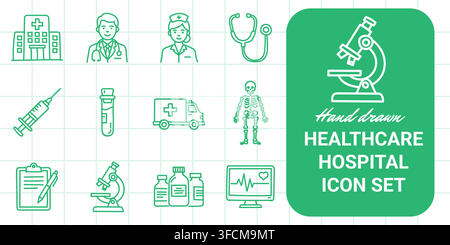 Hand‑drawn healthcare and hospital icon set featuring doctor, nurse, stethoscope, syringe, ambulance, microscope, medicine, and heart monitor symbols. Stock Vector