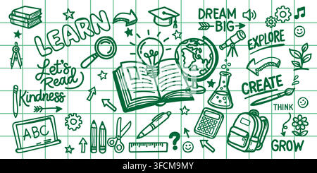 Hand‑drawn educational doodles with books, graduation cap, laptop, calculator, beaker, backpack, and motivational words on grid background. Stock Vector