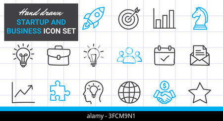Hand‑drawn startup and business icon set featuring rocket, target, chart, chess knight, light bulb, briefcase, handshake, globe, and finance symbols Stock Vector