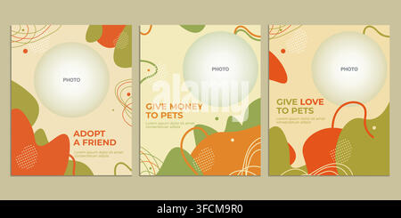 Pet adoption social media post and flyer template with modern geometric vector design featuring cats and dogs, promoting animal rescue, shelter Stock Vector