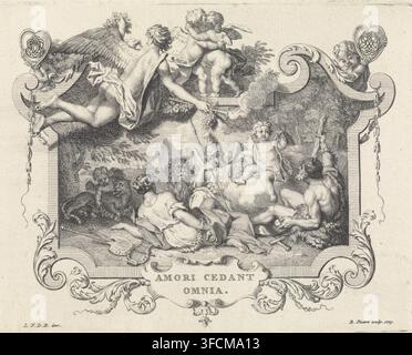 Allegorical representation on the occasion of the marriage of Louis Fabricius Dubourg and his wife, print, marriage print, Allegorical representation on the occasion of the marriage of Louis Fabricius Dubourg and his wife in Amsterdam in 1729. Cupid, as love that conquers all, sits on a cloud with the globe under his arm. Beside him sit Hercules, Minerva as protector of science and painting. To the left, a lion and a tiger. The representation is framed in an ornamental frame with the marriage god Hymen and putti embracing each other in the upper right. In the middle below the motto: Amori Stock Photo
