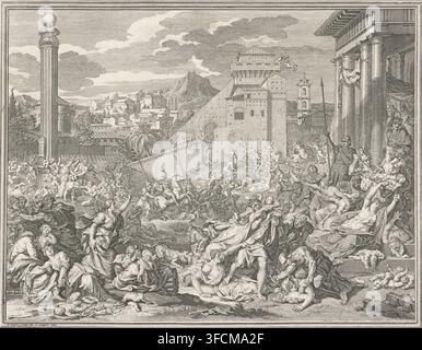 The Massacre of the Innocents at Bethlehem, print, View of the city of Bethlehem where a great slaughter is taking place near Herod's palace. Soldiers tear children from the arms of desperate mothers to kill them with swords. Countless dead children lie scattered on the ground. With a blank margin., printmaker: Bernard Picart, Amsterdam, after drawing by Bernard Picart, 1715, Bernard Picart, printmaker, after drawing by, paper, etching, engraving, height 209 mm x width 271 mm, the massacre of the innocents., A densely detailed black and white engraving shows a chaotic scene in front of classic Stock Photo