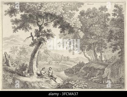 Satyr family under a tree, Two landscapes, print, Under a large tree by a river sits a satyr family. Behind them walk goats. On the opposite bank, more satyrs and nymphs with goats can be seen. One of the satyrs is playing a flute. In the distance, a few cows are grazing., printmaker, after print by, Herman van Swanevelt, paper, etching, height 197 mm x width 277 mm, river, goat, cow, (high) hill, satyr(s) (in general)., A detailed monochrome landscape shows a river bend framed by large, leafy trees with textured trunks and sprawling branches; on the near bank a group of three partially Stock Photo