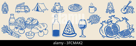 Blue line illustration of camping and leisure with lantern, camper van, tent, campfire, guitar, food, wine, and nature elements on beige background. Stock Vector