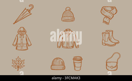 Hand‑drawn autumn essentials illustration with umbrella, hats, scarf, coat, boots, maple leaf, coffee cup, and shoulder bag on beige background. Stock Vector