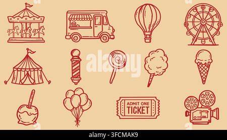 Carnival illustration with carousel, Ferris wheel, circus tent, balloons, food truck, and sweet treats in red line art style on beige background. Stock Vector