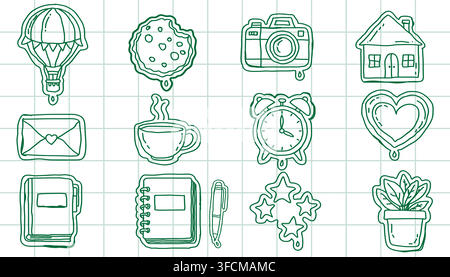 Hand‑drawn green line icons of everyday objects including balloon, cookie, camera, house, coffee cup, book, stars, and plant on graph paper background Stock Vector