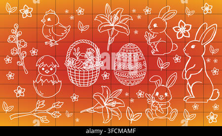 Festive Easter illustration with rabbits, decorated eggs, chicks, lilies, and basket of flowers on orange gradient background in white line art style. Stock Vector